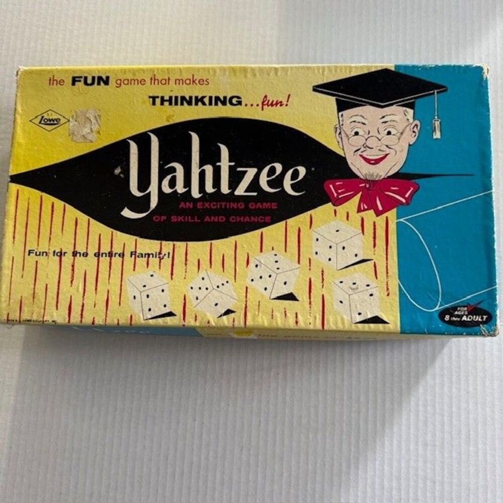 VINTAGE 1956 LOWE Yahtzee GAME and Yahtzee score pads Dice Original Box #950